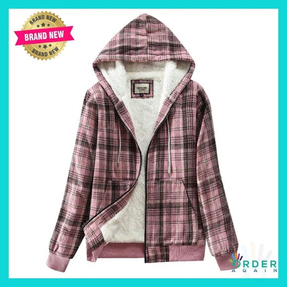 Jackets & Blazers - Sherpa Lined Flannel Hoodie Jacket Cozy Casual Full Zip Plaid Oversized